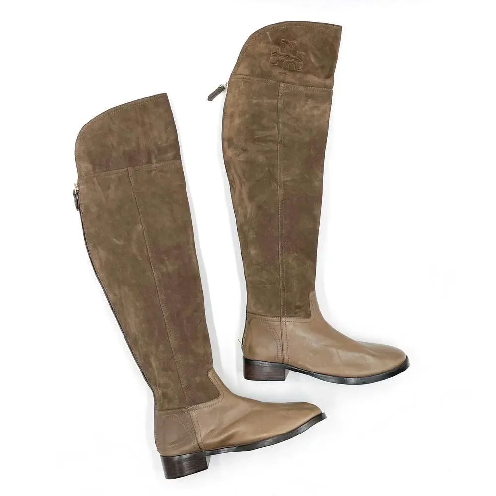 Tory Burch Simone Over the Knee Boots Brown Suede Flat Riding Sz 6